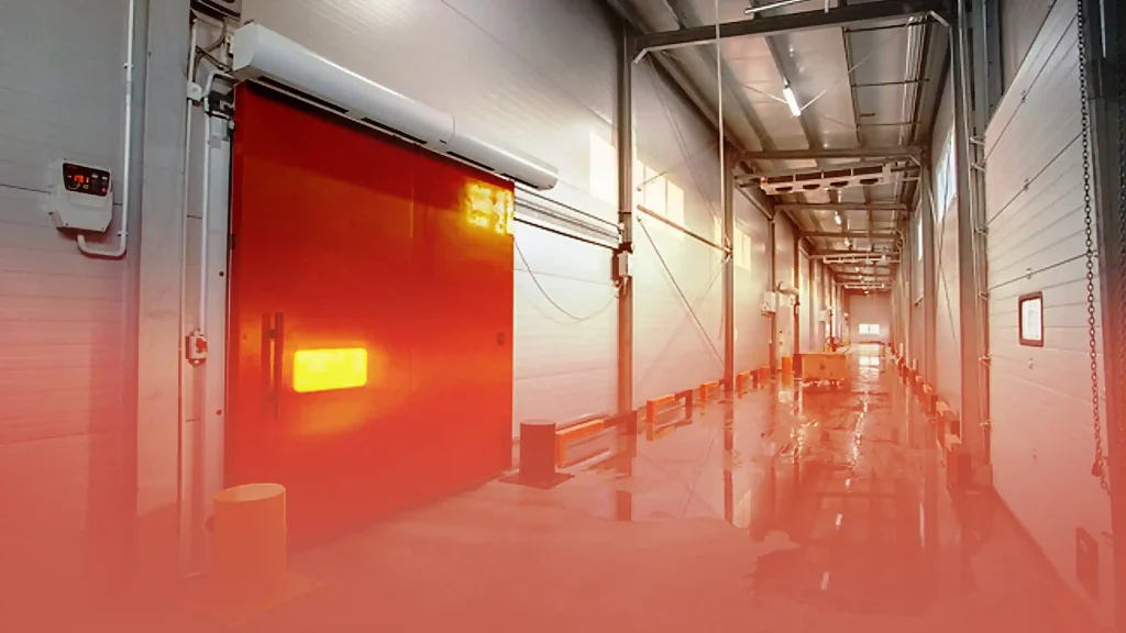 Interior of a blast freezer facility with insulated doors, temperature controls, and a reflective floor.