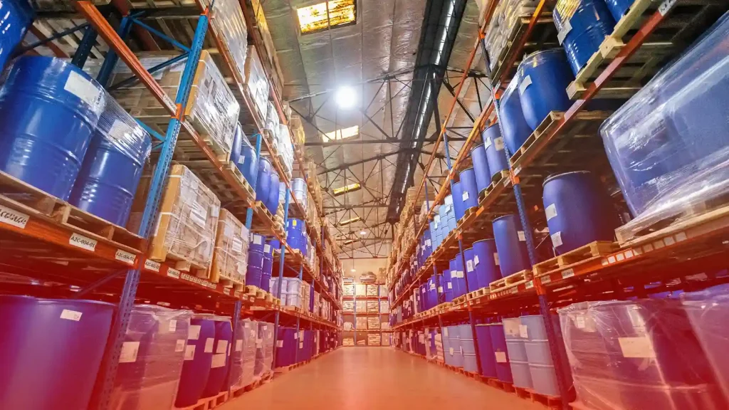 Interior of warehouse with tall shelves stacked with blue barrels, illustrating organized industrial storage.