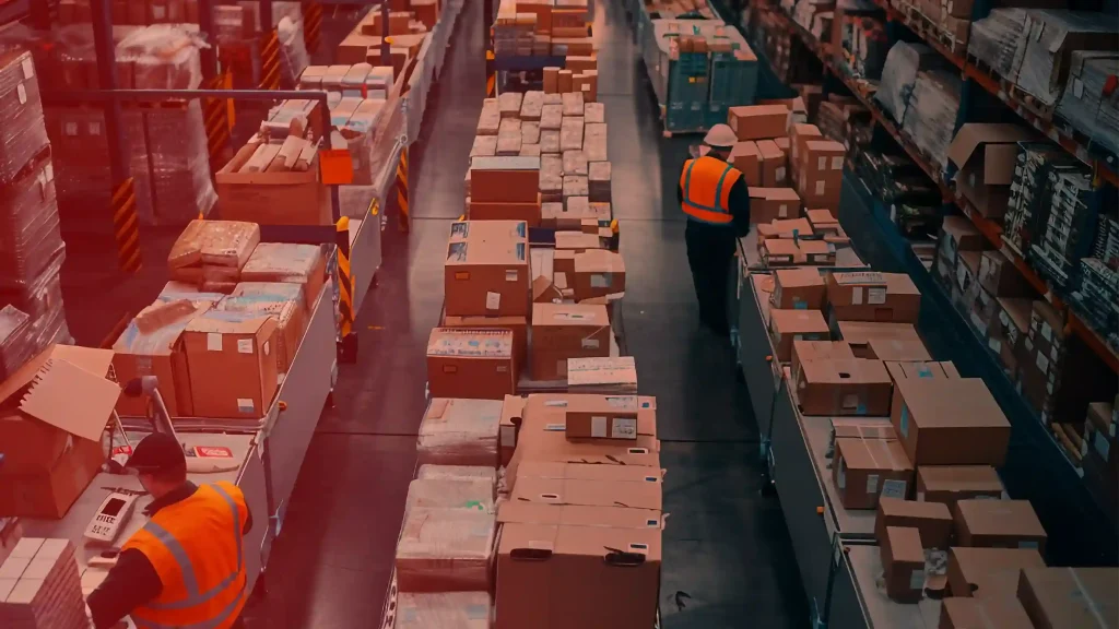 Workers in safety vests sort and process packages in a busy warehouse. Conveyor belts move boxes through the organized space, with shelves stocked high with inventory.