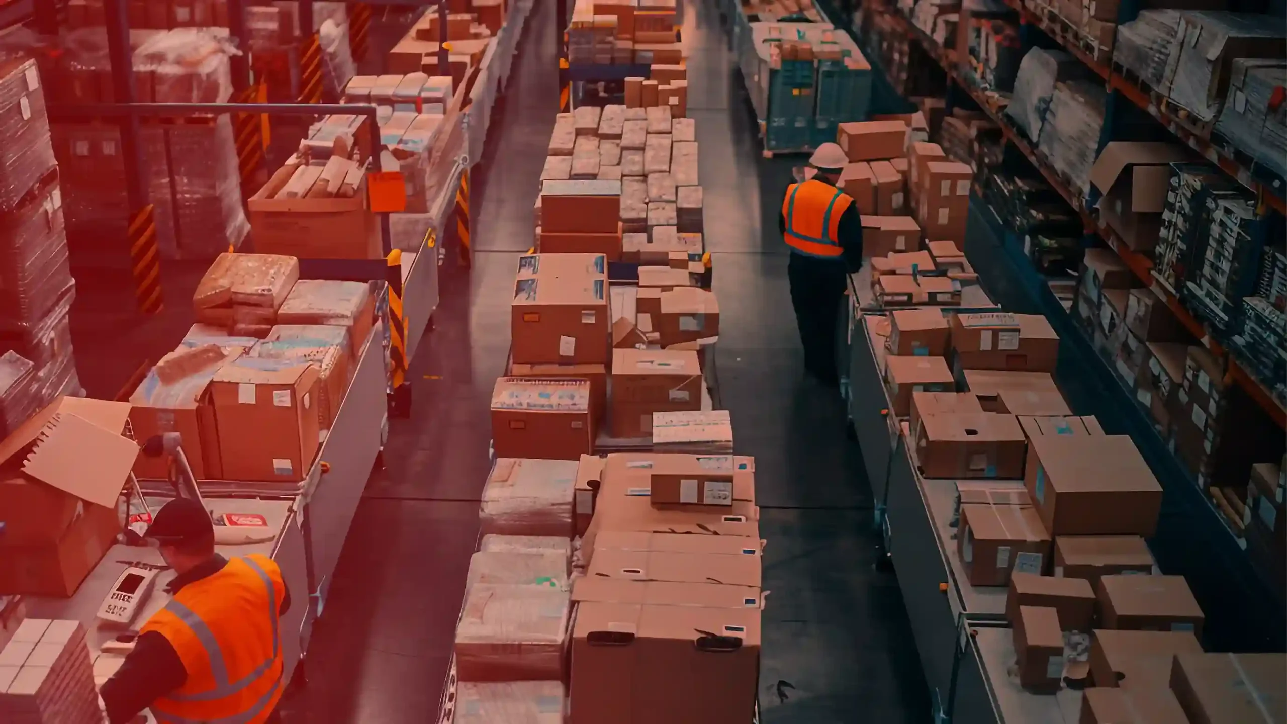 Workers in safety vests sort and process packages in a busy warehouse. Conveyor belts move boxes through the organized space, with shelves stocked high with inventory.