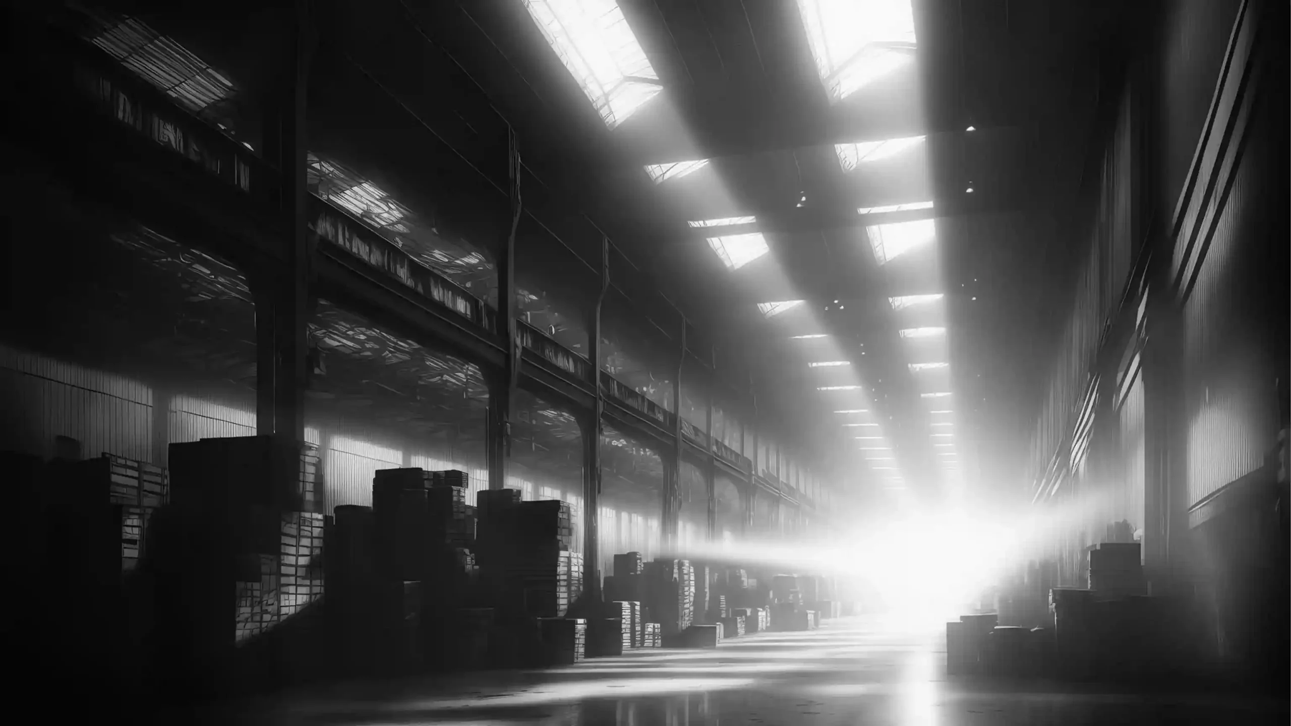 A dimly lit warehouse with towering stacks of packages and beams of light streaming through the skylights, creating a dramatic contrast of shadows and brightness.