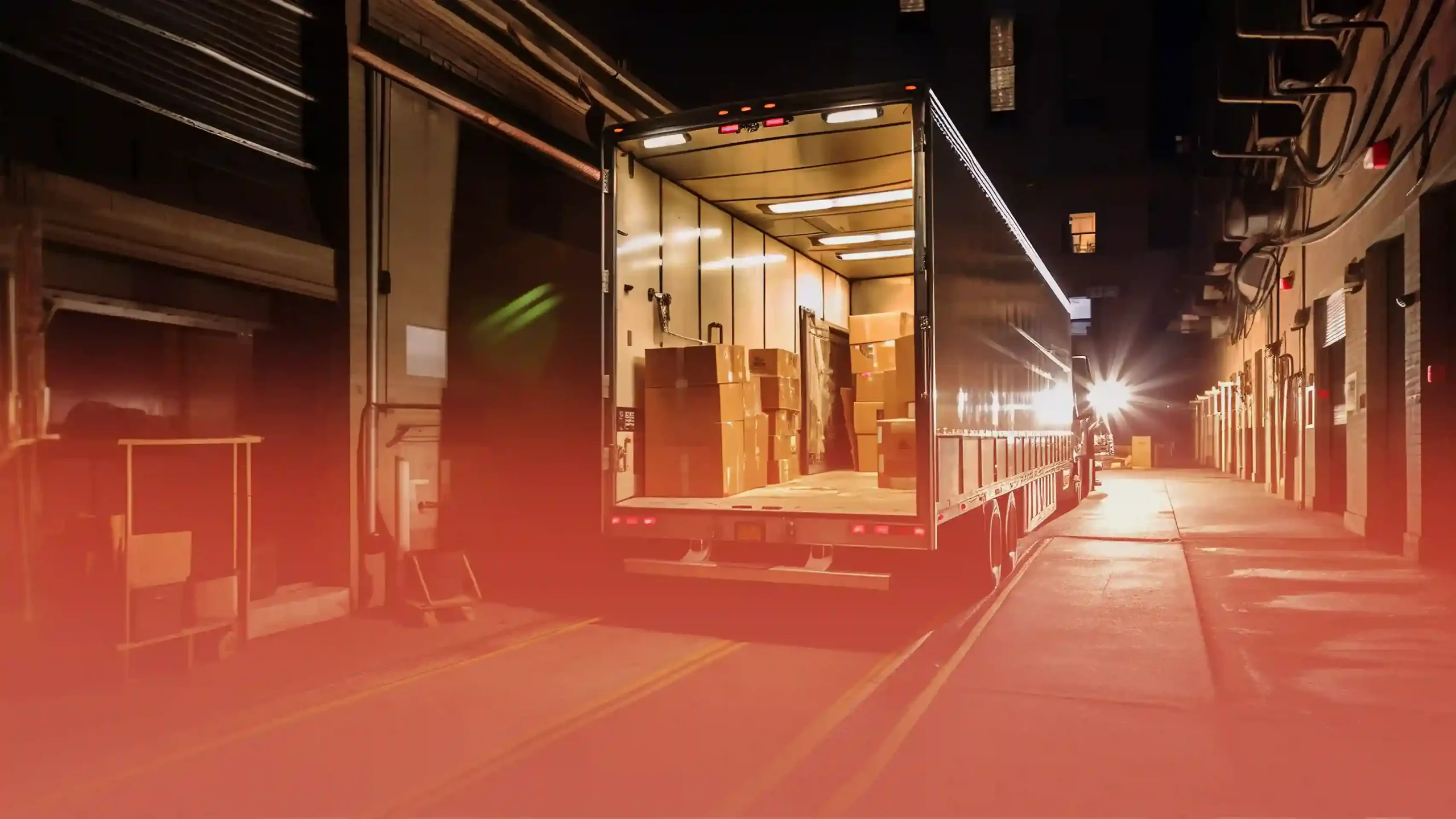 A semi-truck parked at a loading dock at night, with its cargo area illuminated and filled with stacked boxes.