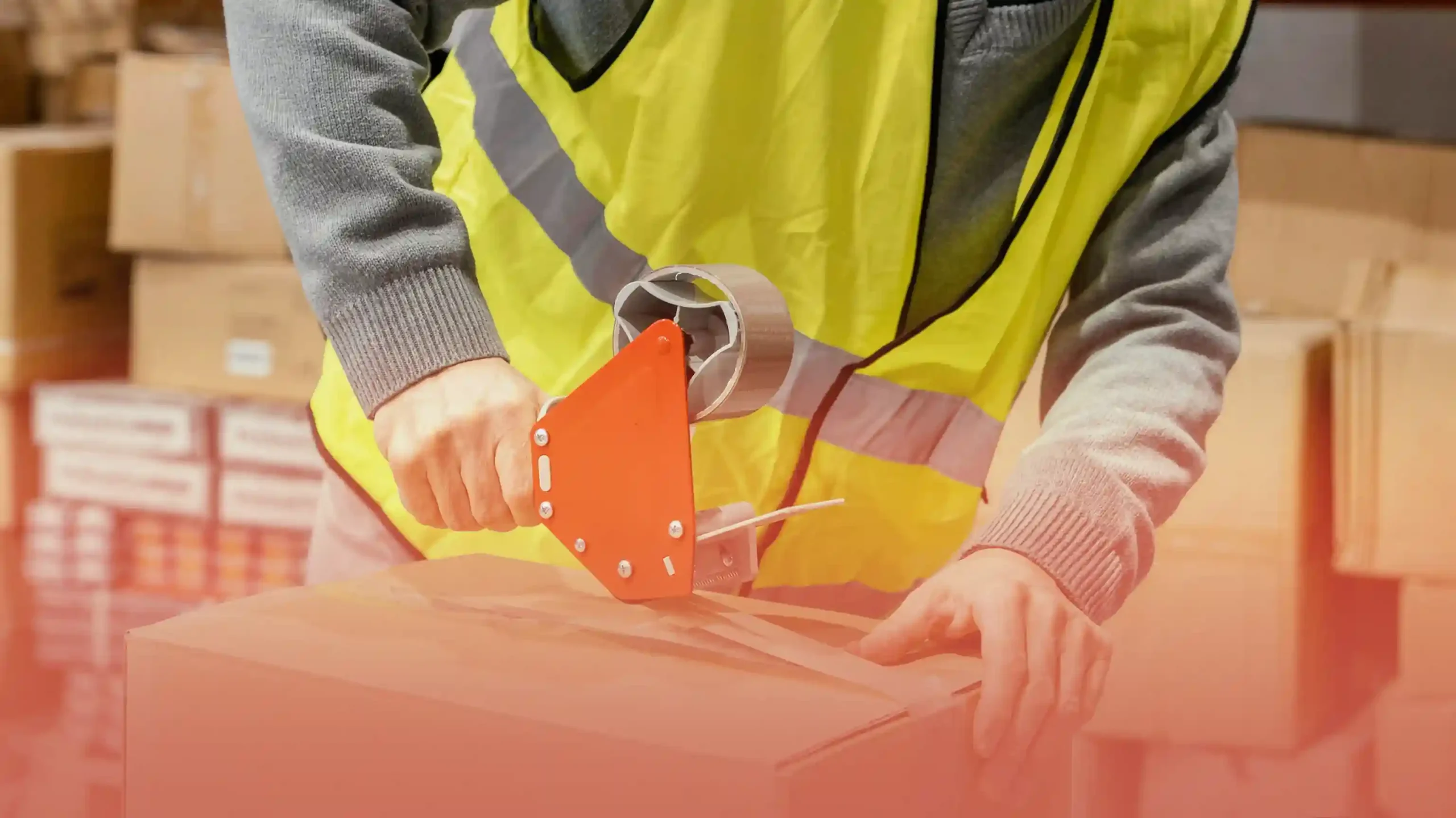 A worker in a high-visibility yellow vest sealing a cardboard box with a red tape dispenser in a warehouse filled with stacked boxes.