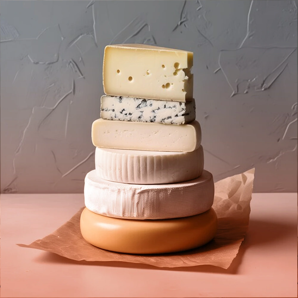 different types of cheese neatly piled under the table with grey background
