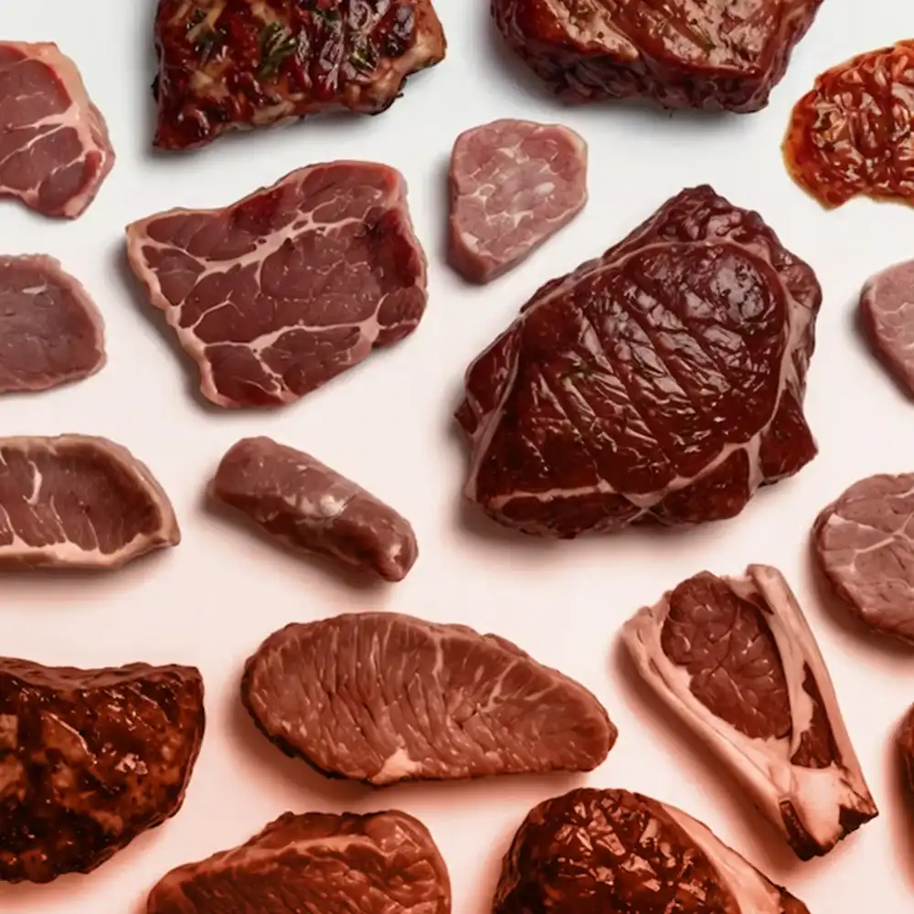 different cuts of meat on top of a white counter