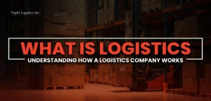 a warehouse with orange color grading underneat the text "what is logistics and what does a logistics company do" to help readers have a clear understanding about how logistics works