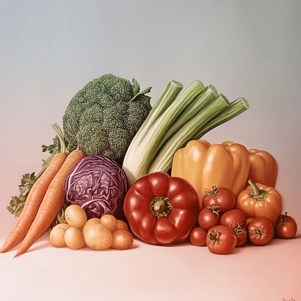 different types of vegetables neatly piled on the kitchen counter with light grey background