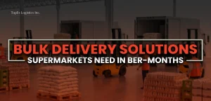 forklifts inside the stockroom with orange shade as a background of the text "Bulk Delivery Solutions Supermarket Need in Ber Months"