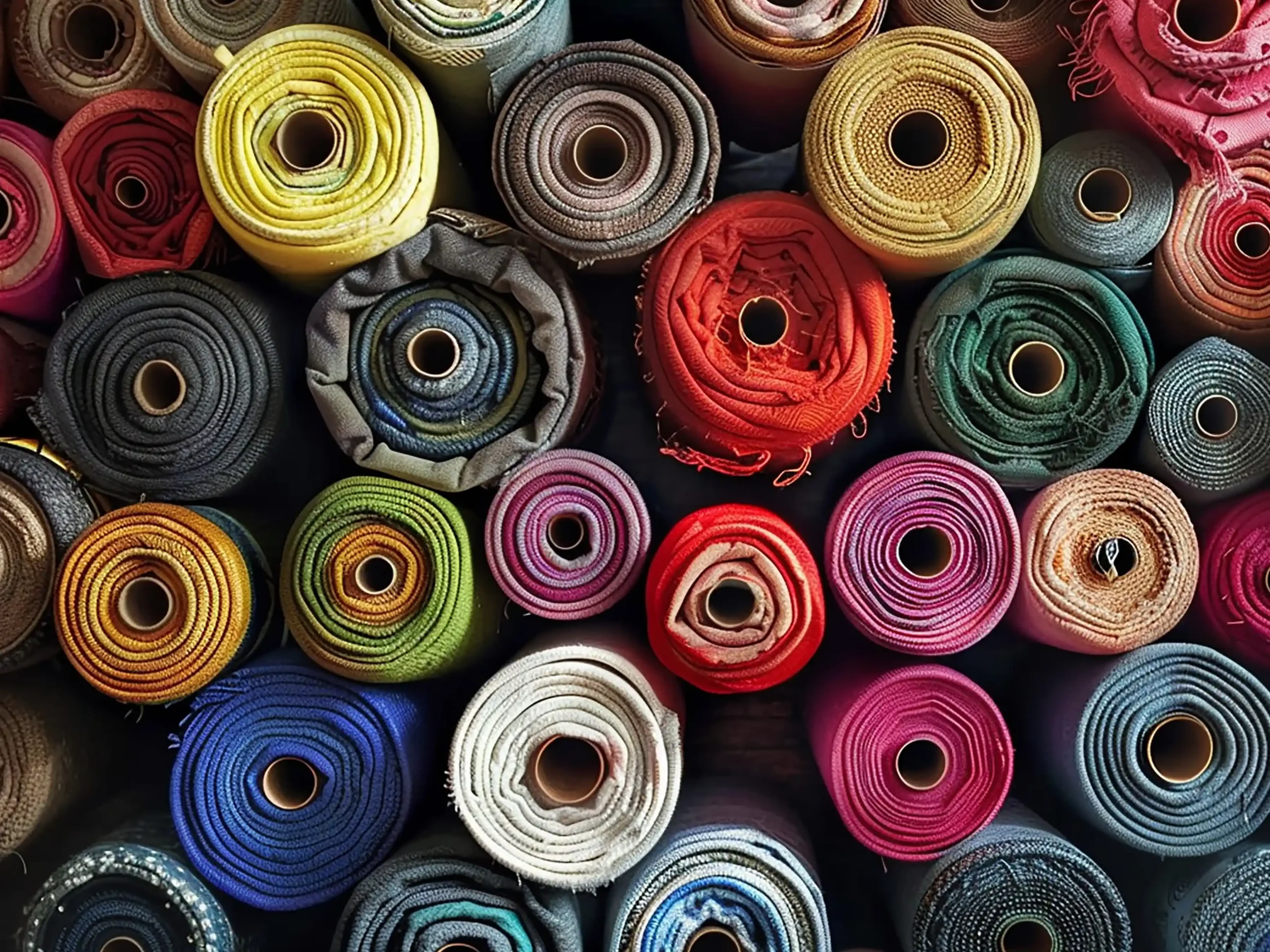 Overhead view of multiple fabric rolls tightly wound on cardboard tubes in shades of yellow, green, blue, red, pink, orange, gray, and brown with varied textures suggesting cotton, linen, and synthetic blends