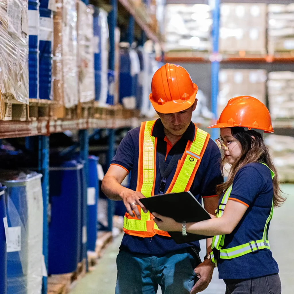 Two warehouse workers wearing orange safety helmets and reflective vests examining clipboard together in warehouse with shelves stacked with blue barrels and wrapped packages on pallets representing logistics inspection and inventory check