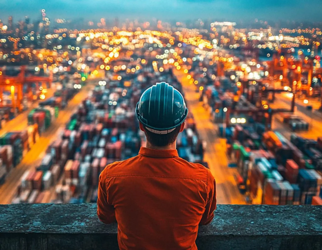 Person in orange safety jacket and dark helmet standing on concrete ledge overlooking large industrial port at night with rows of colorful shipping containers cranes and bright lights, city skyline illuminated in distance representing scale of global trade and logistics