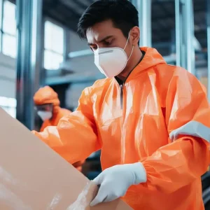 Worker in orange protective suit white gloves and face mask handling large cardboard box in warehouse with metallic structures and shelves while another person in similar protective clothing stands in background representing industrial safety and hygiene practices