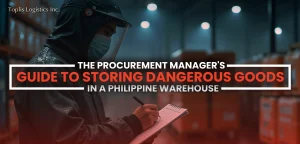 Person in protective gear hood face shield and mask writing on clipboard inside warehouse with large orange containers arranged in rows dim lighting overhead lights and text Toplis Logistics Inc The Procurement Manager’s Guide to Storing Dangerous Goods in a Philippine Warehouse